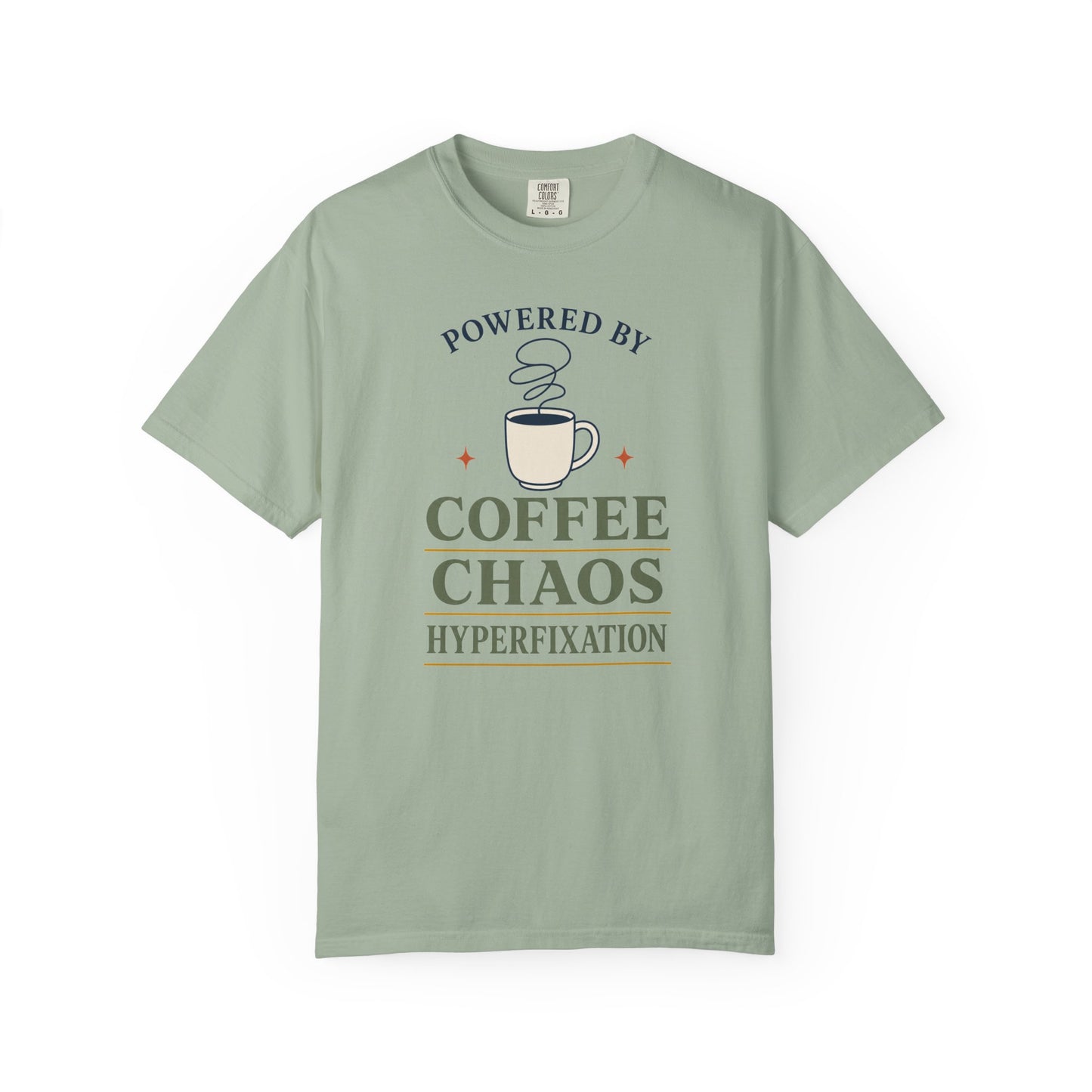 “Powered by Coffee Chaos” Coffee Chaos T-Shirt — Graphic Tee for Coffee Lovers