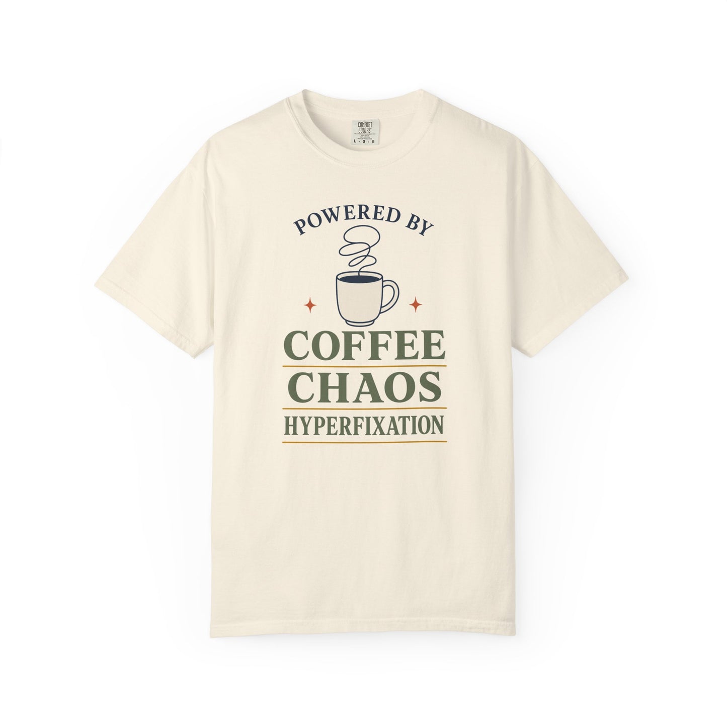 “Powered by Coffee Chaos” Coffee Chaos T-Shirt — Graphic Tee for Coffee Lovers
