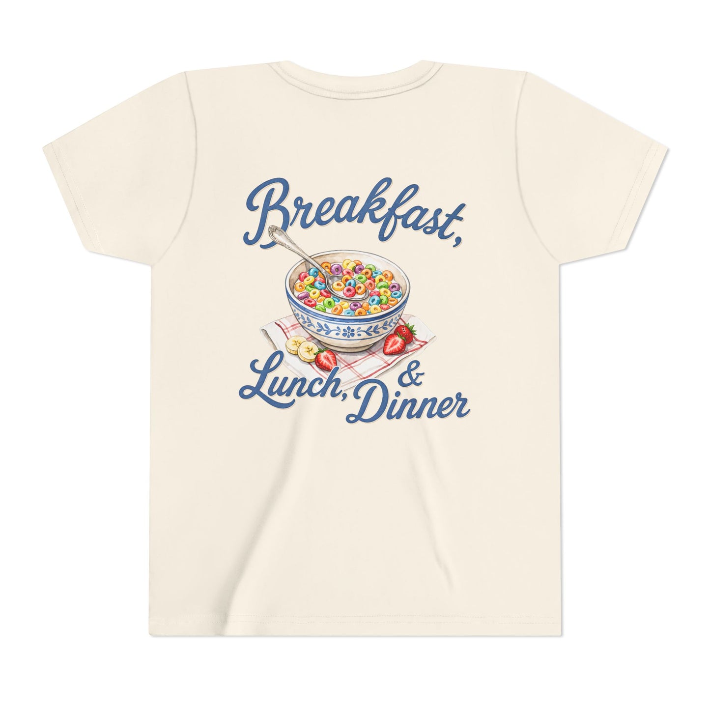 “Breakfast, Lunch & Dinner” Cereal Bowl Kids Youth Tee - Shirt BACK PRINT