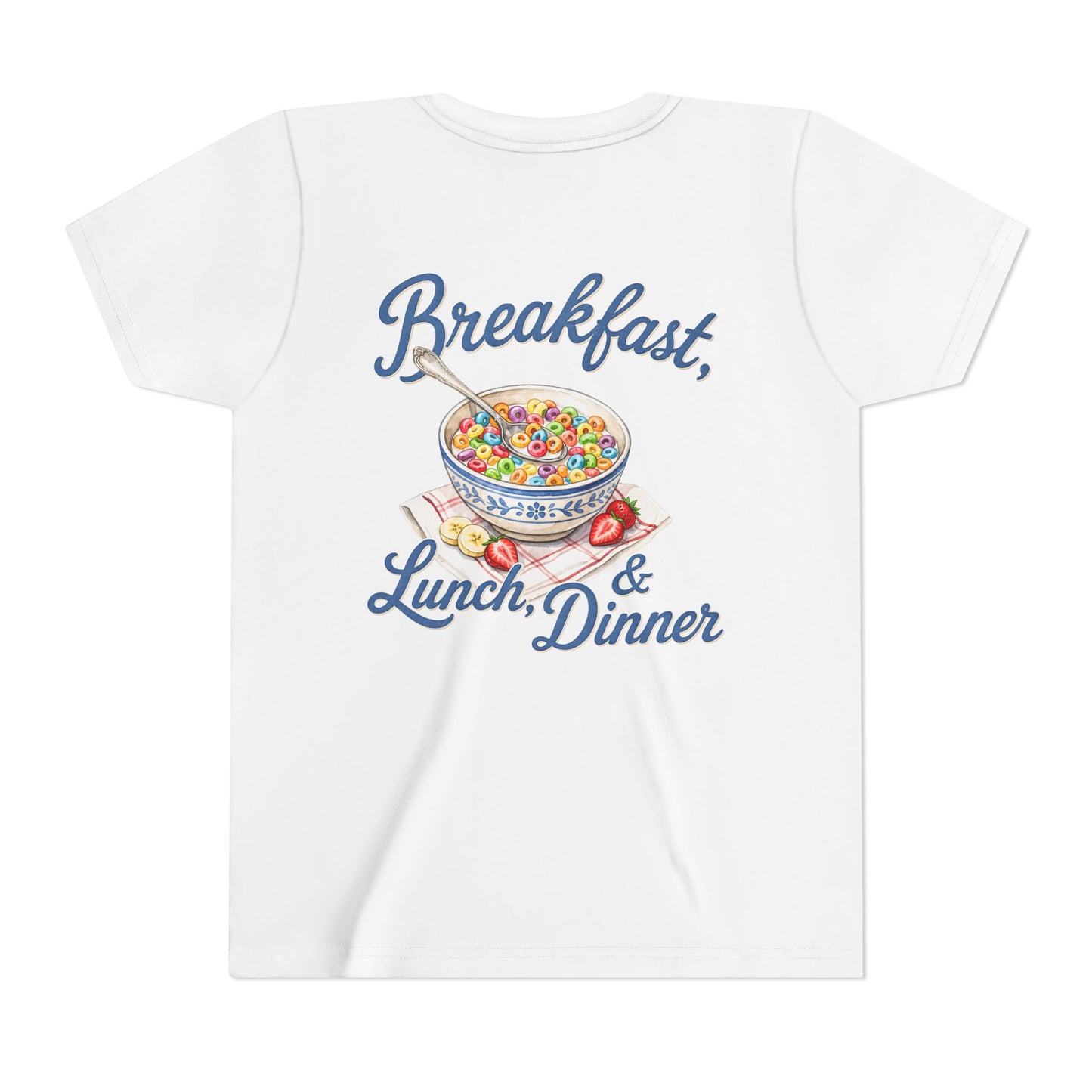 “Breakfast, Lunch & Dinner” Cereal Bowl Kids Youth Tee - Shirt BACK PRINT