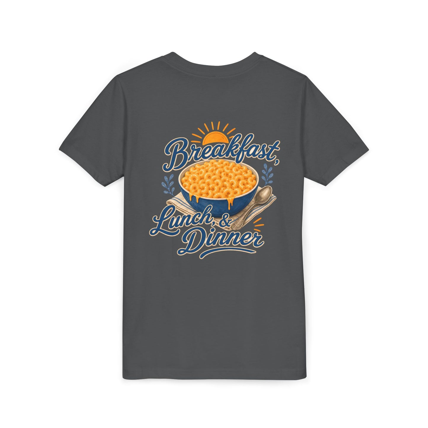 "Breakfast, Lunch & Dinner" Macaroni and Cheese Bowl Graphic Youth Tee — BACK PRINT