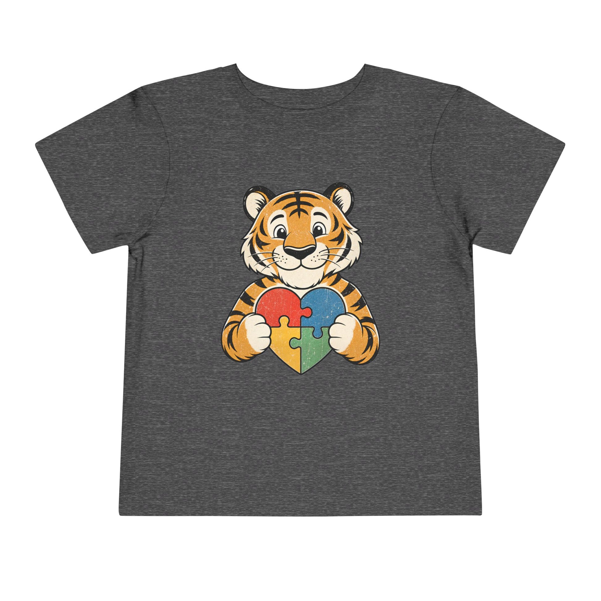 Toddler Tee — Cute Tiger Holding Autism Puzzle Heart - Dark Heather Grey, 2T image