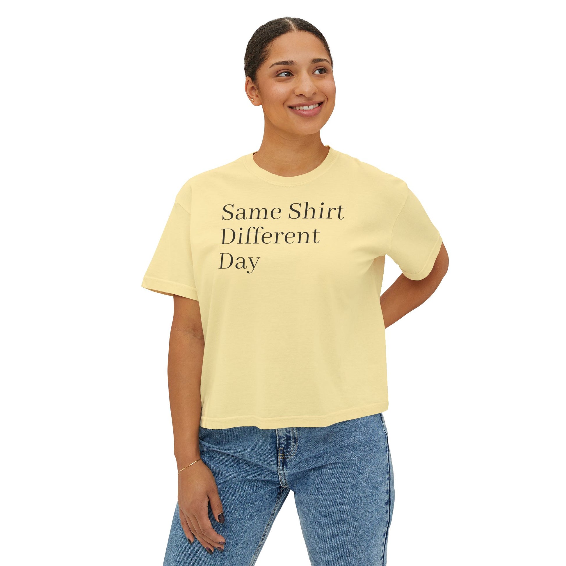 Same Shirt Different Day Boxy Tee — Womens Casual Graphic Tee image 14