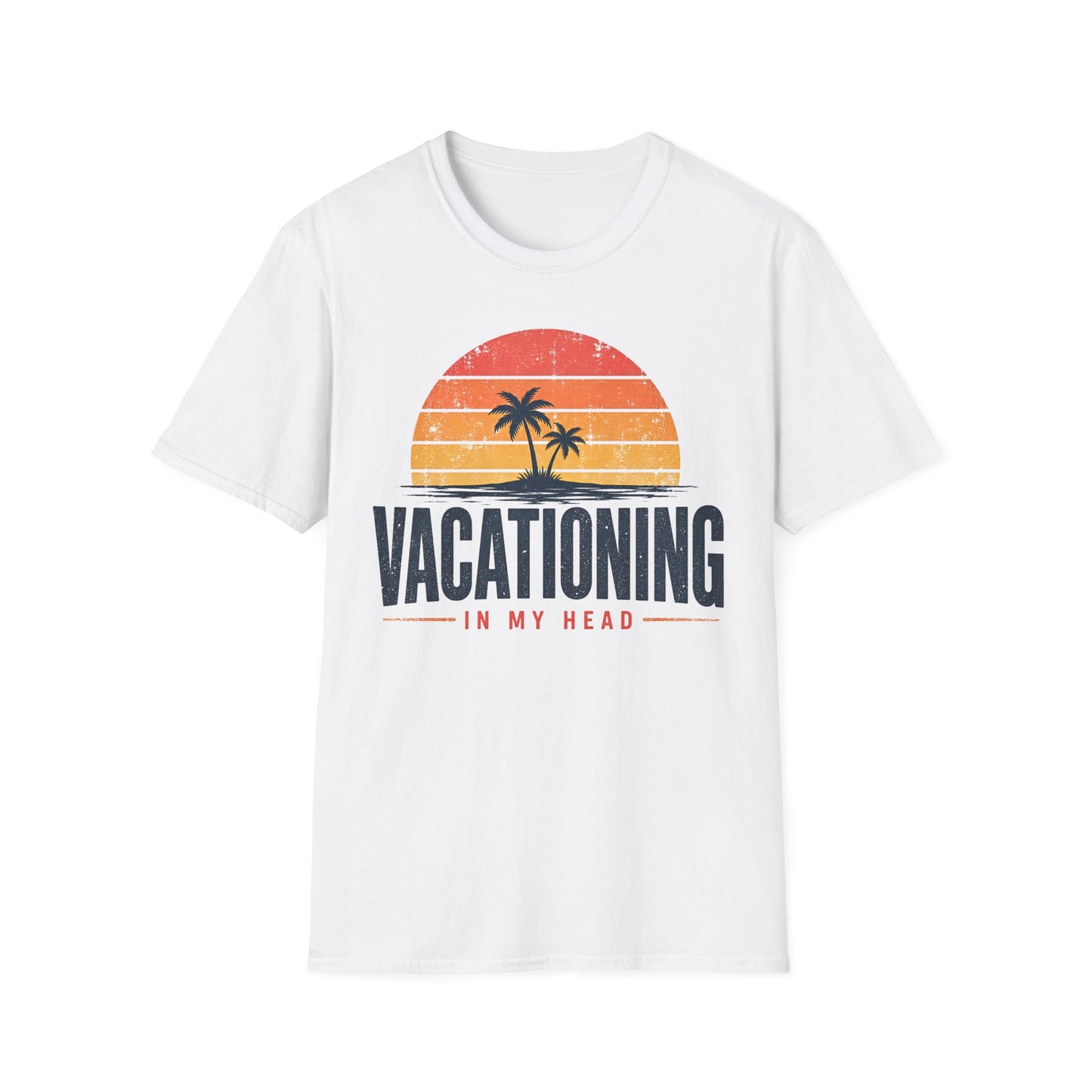 Vacationing T-Shirt — Retro Palm Sunset "Vacationing in My Head" Tee