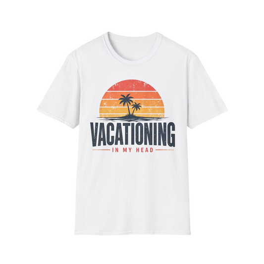 Vacationing T-Shirt — Retro Palm Sunset "Vacationing in My Head" Tee