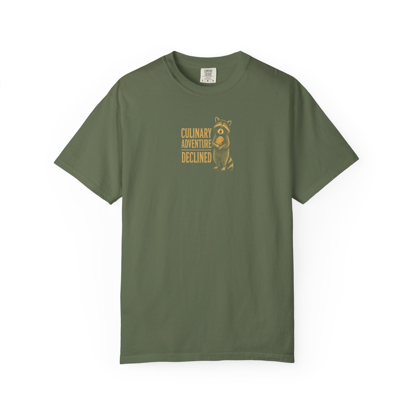 Culinary Adventure Declined T-Shirt — Food Routine Raccoon Graphic Tee