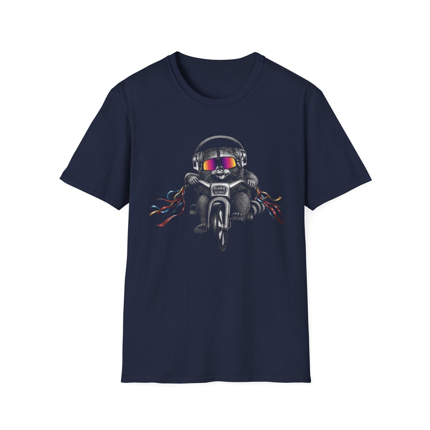 Big Wheel Raccon with Oakleys and Active Noise Canceling (ANC) headphones ‑Shirt — Retro Biker Tee