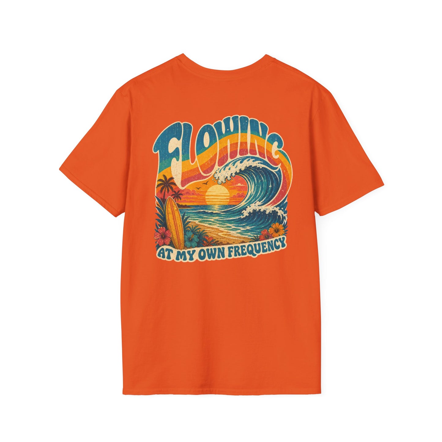 "Flowing At My Own Frequency" Groovy 70s Surfboard Beach Sunset Graphic T-Shirt
