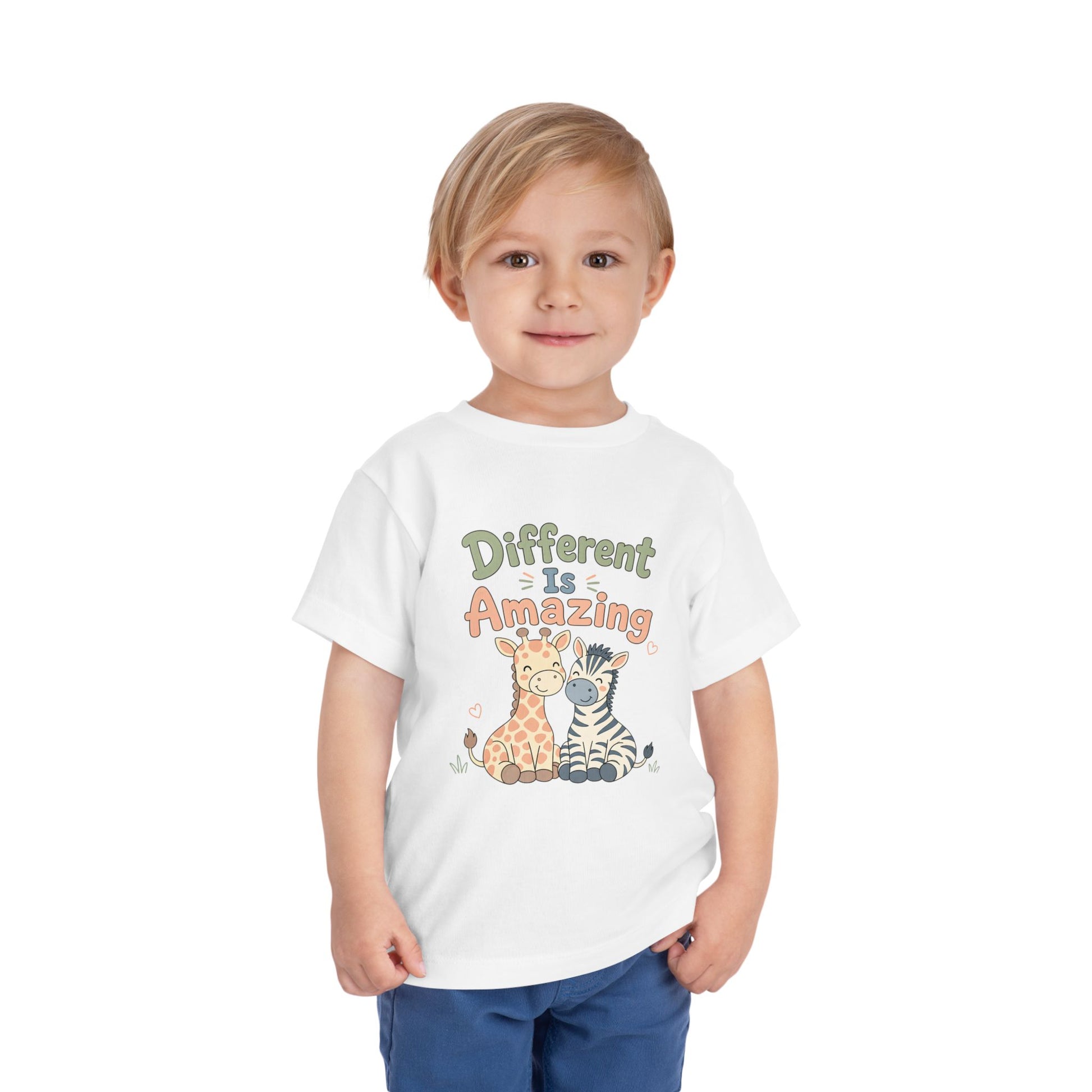 Toddler Tee — "Different Is Amazing" Giraffe &amp; Zebra Diversity Kids Shirt image 2