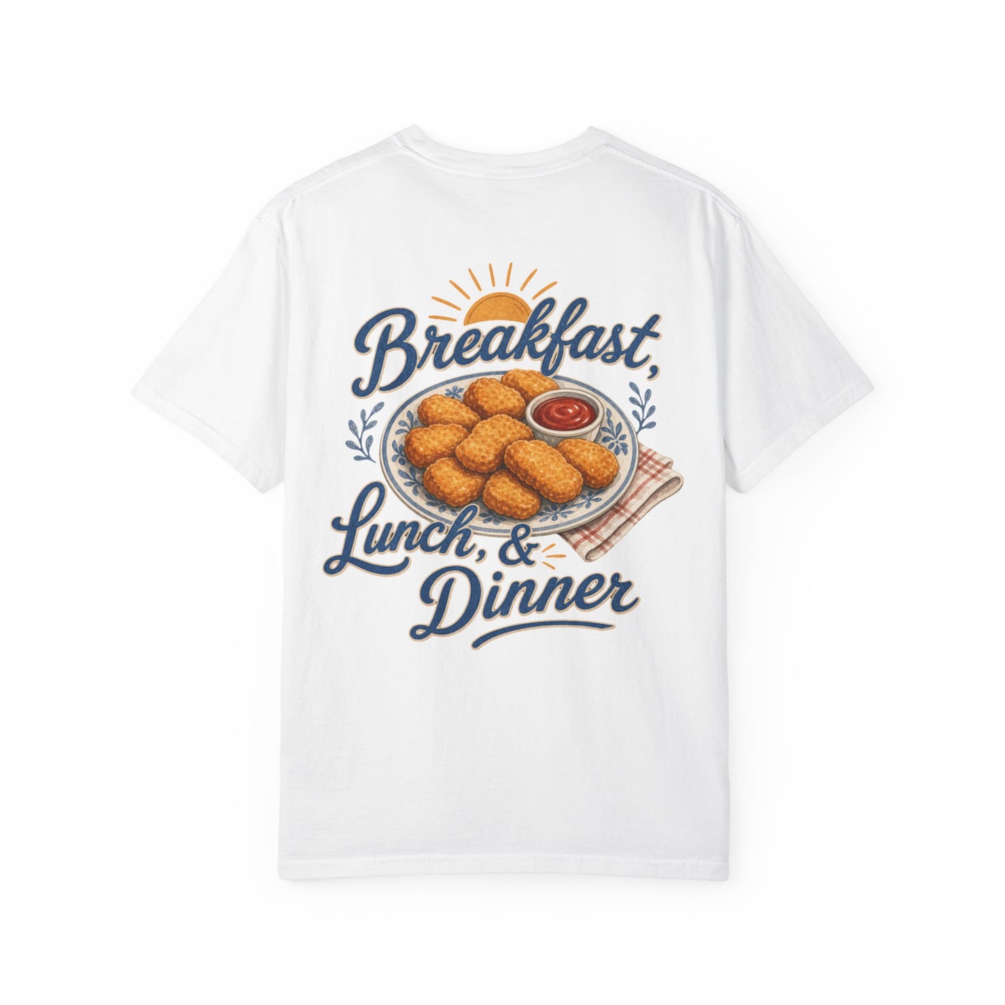 Chicken Nugget T-Shirt — “Breakfast, Lunch & Dinner” Retro Food Graphic Tee Adult BACK PRINT
