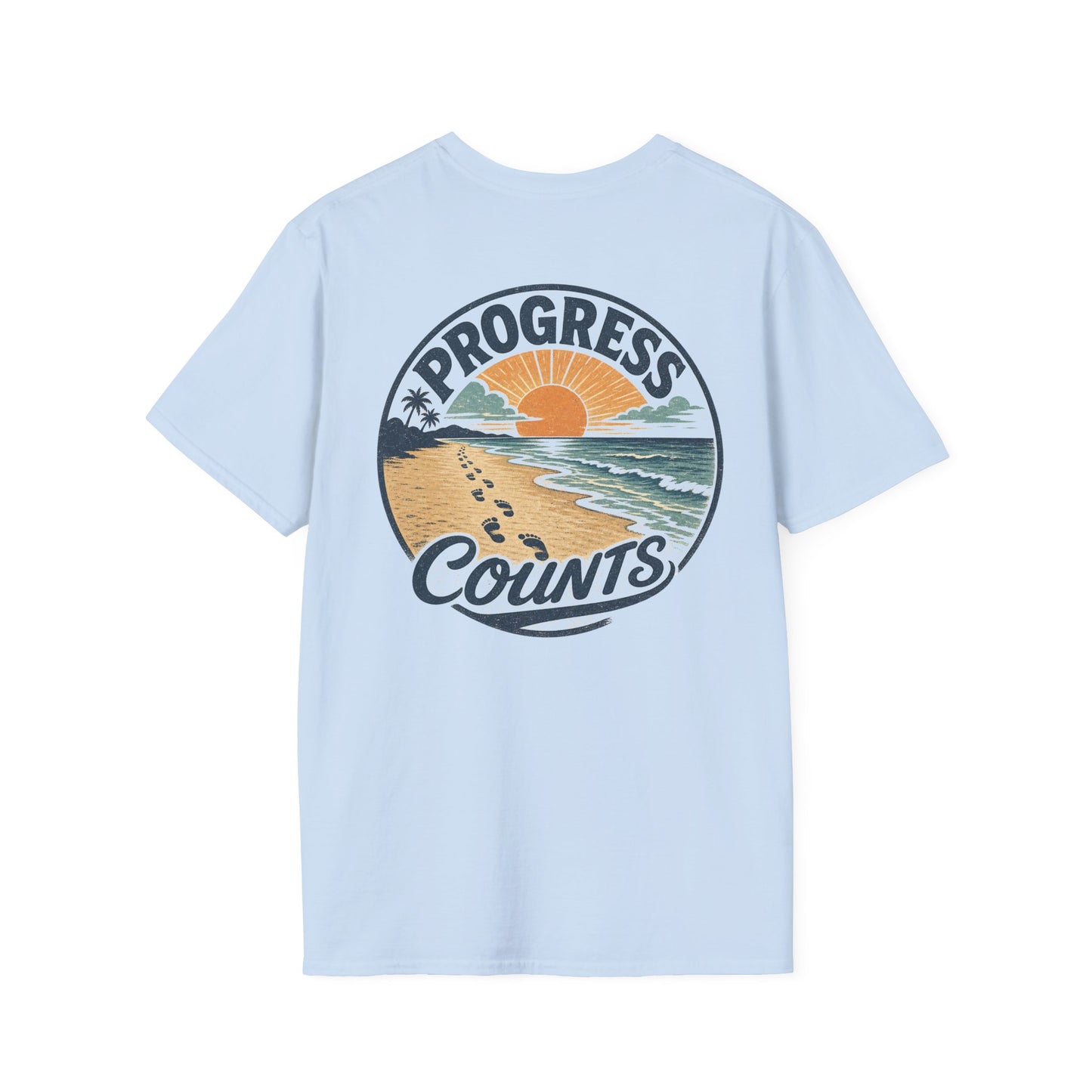 Progress Counts T-Shirt — Vintage Coastal Footprints Sunset