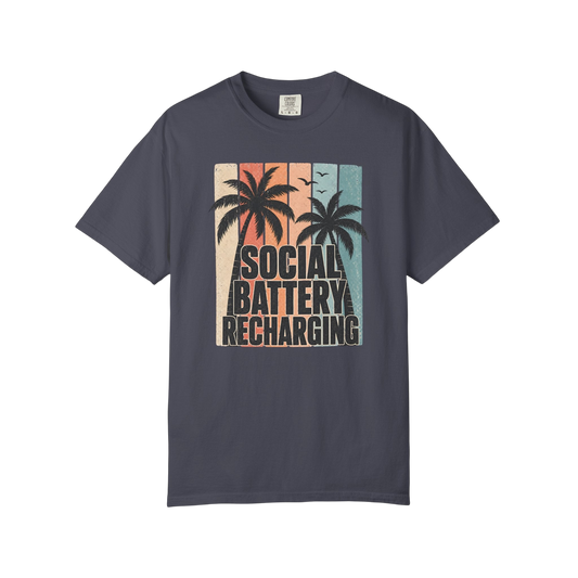 Social Battery Recharging T-Shirt — Retro Palm Beach Vacation Tee