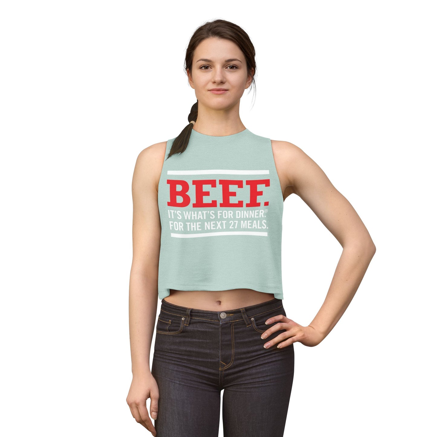 Crop Top — "BEEF: It's What's For Dinner. For The Next 27 Meals." — Funny Autism Routine Tank image 6