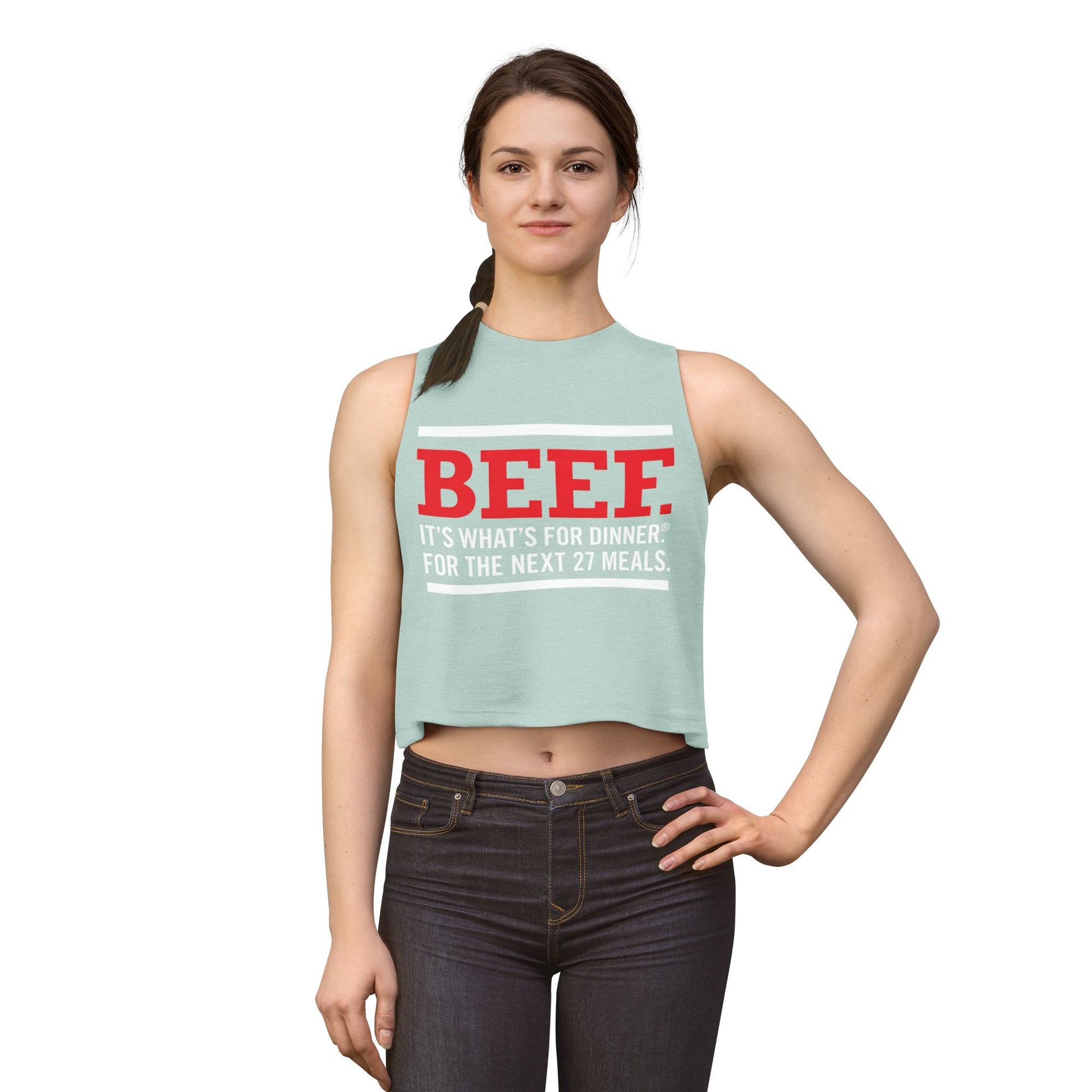 Crop Top — "BEEF: It's What's For Dinner. For The Next 27 Meals." — Funny Autism Routine Tank image 6