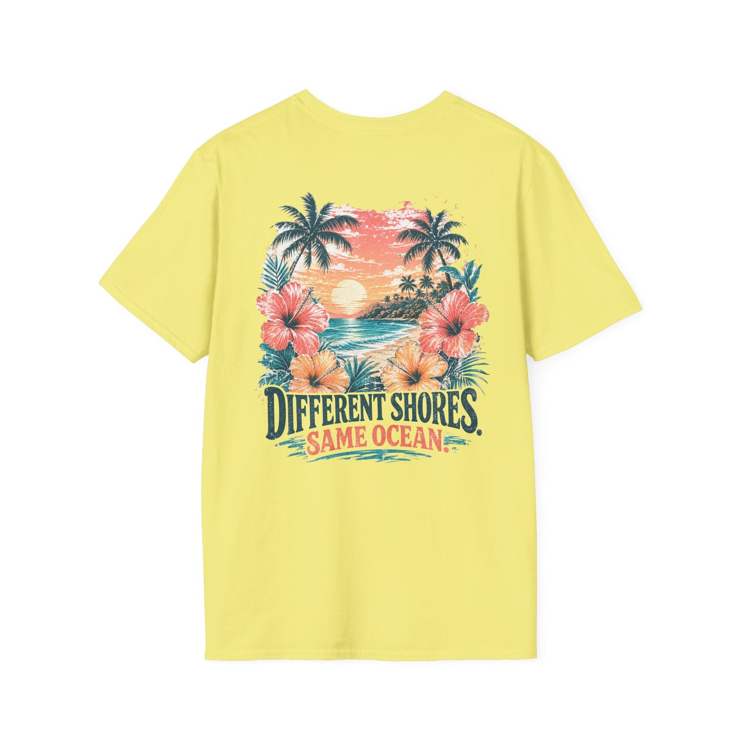 "Different Shores, Same Ocean" Hibiscus Flower Beach Sunset Graphic T-Shirt