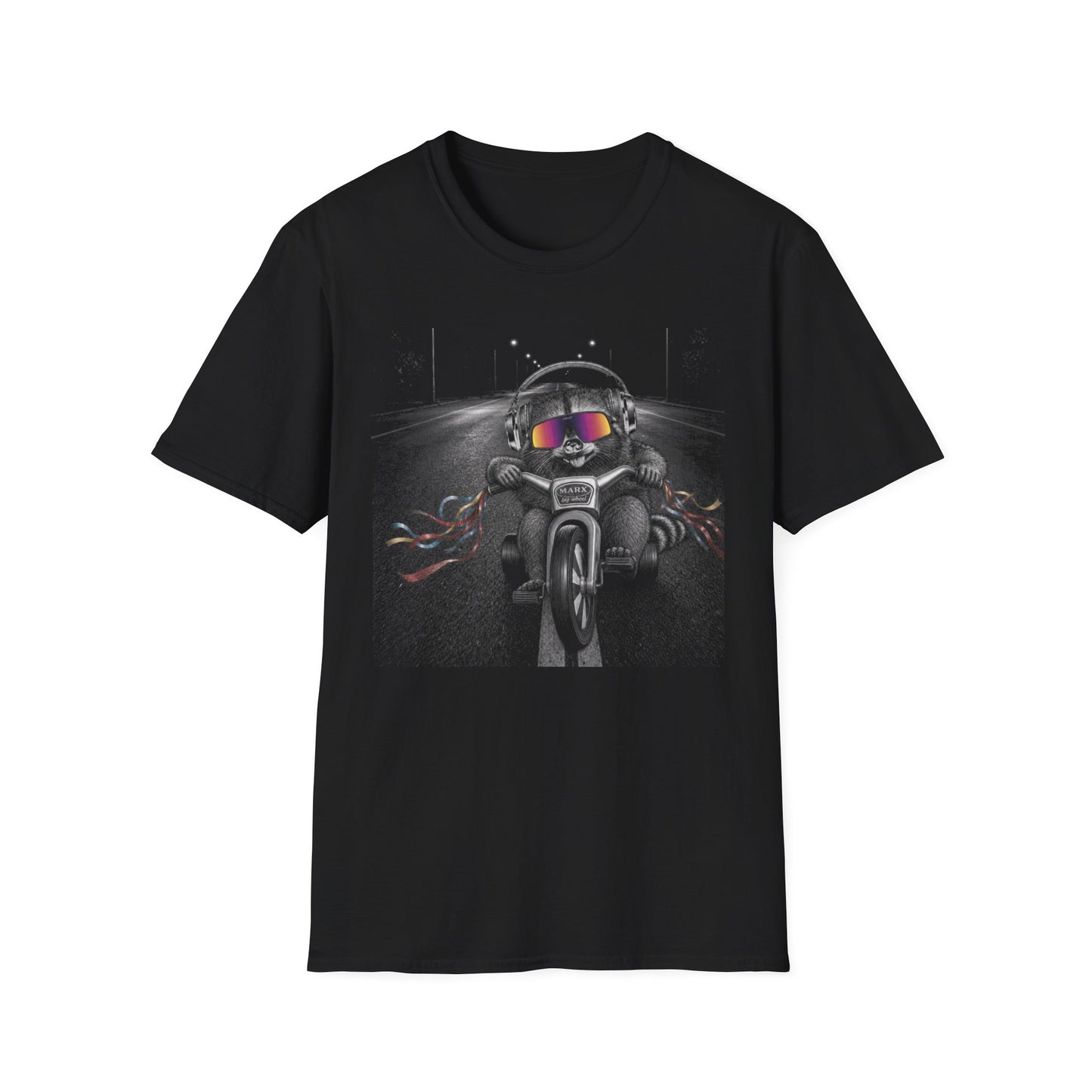 Marx Big Wheel Active Noise Canceling (ANC) headphones and Oakleys Raccoon Graphic T-Shirt — Retro Biker Tee