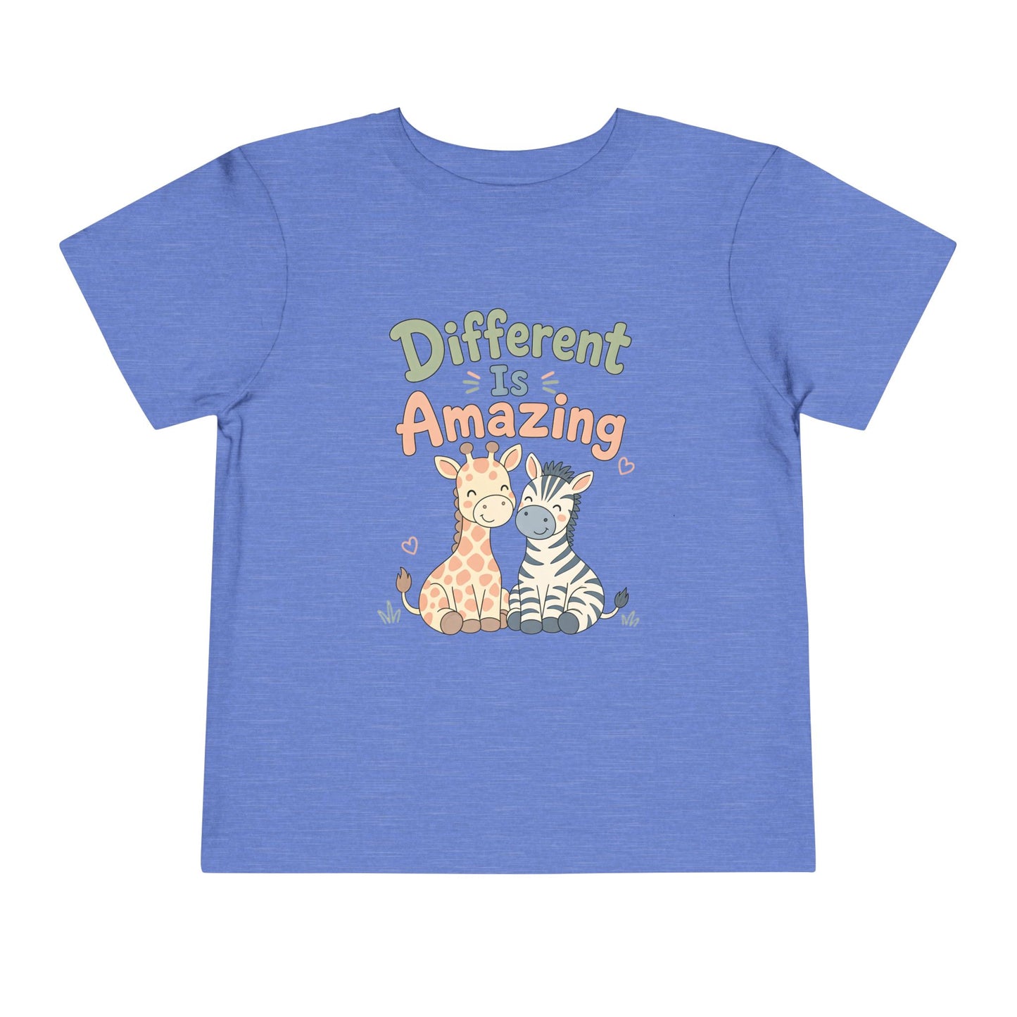 Toddler Tee — "Different Is Amazing" Giraffe &amp; Zebra Diversity Kids Shirt - Heather Columbia Blue, 2T image