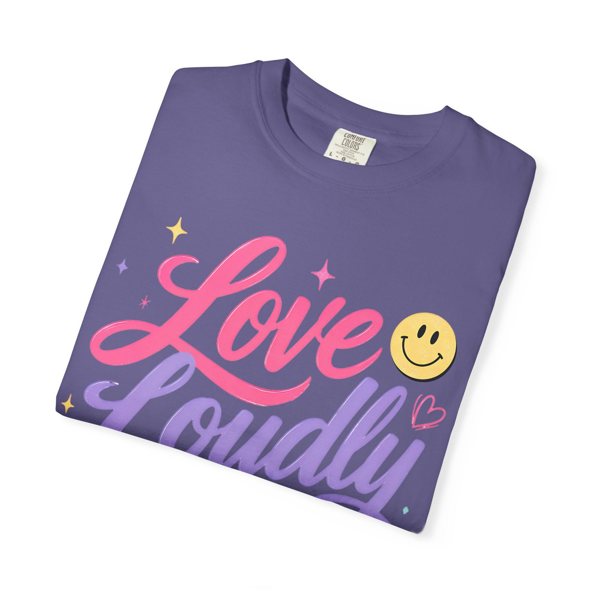 Love Loudly Graphic T‑Shirt — Rainbow Smiley Retro Script Tee image 2
