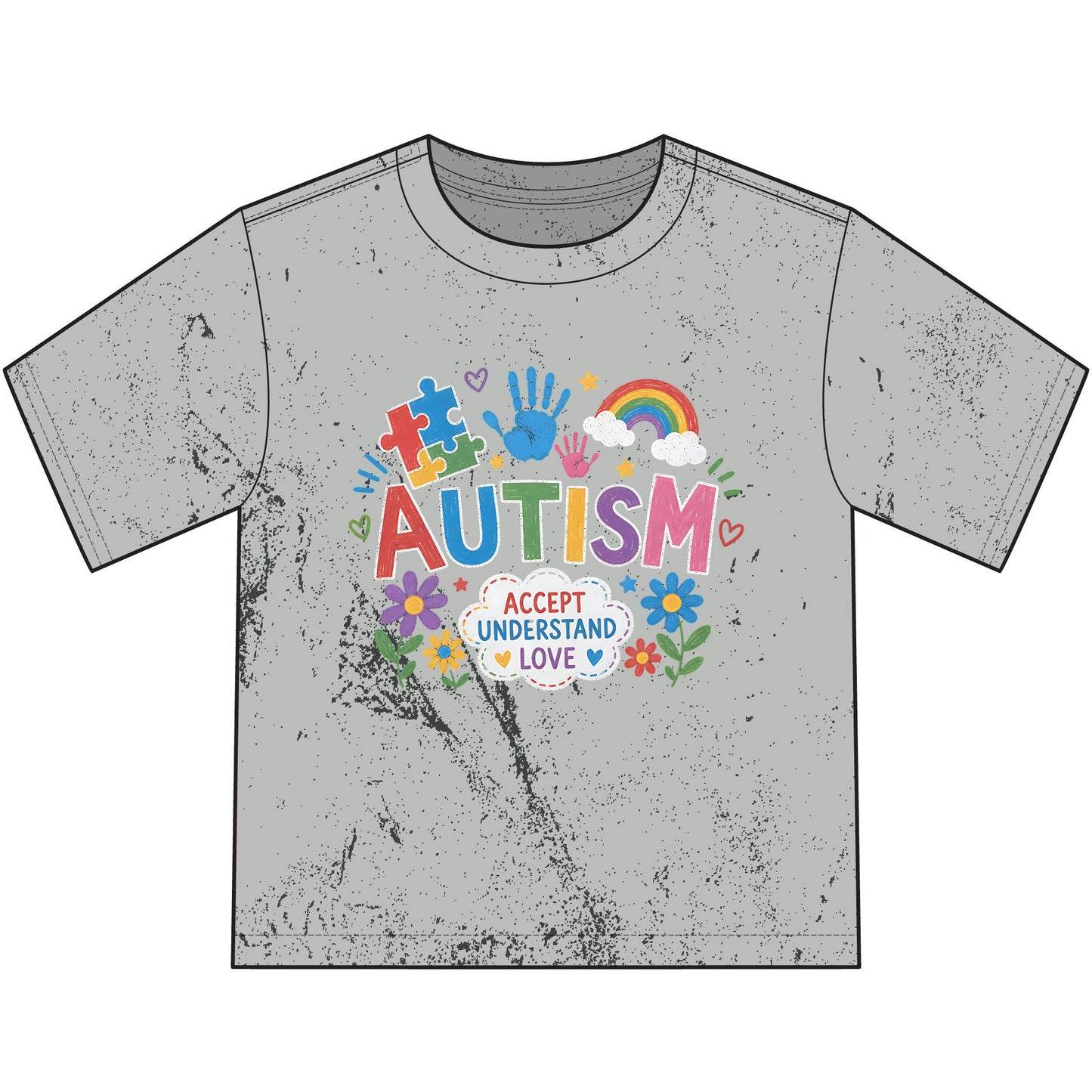 Autism Awareness Heavyweight Color Blast Youth T-Shirt — "Accept Understand Love" Colorful Puzzle &amp; Rainbow Design image