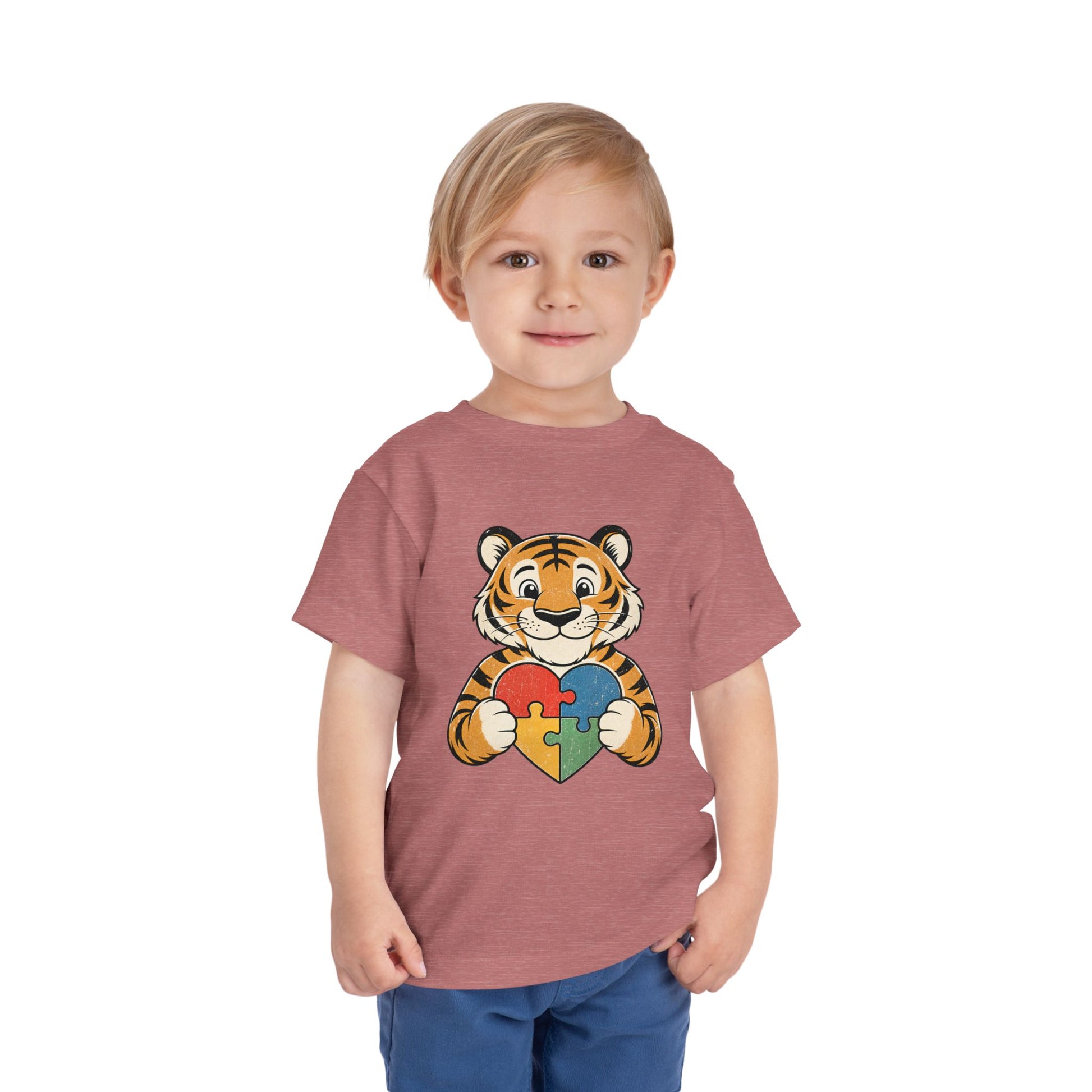 Toddler Tee — Cute Tiger Holding Autism Puzzle Heart image 6