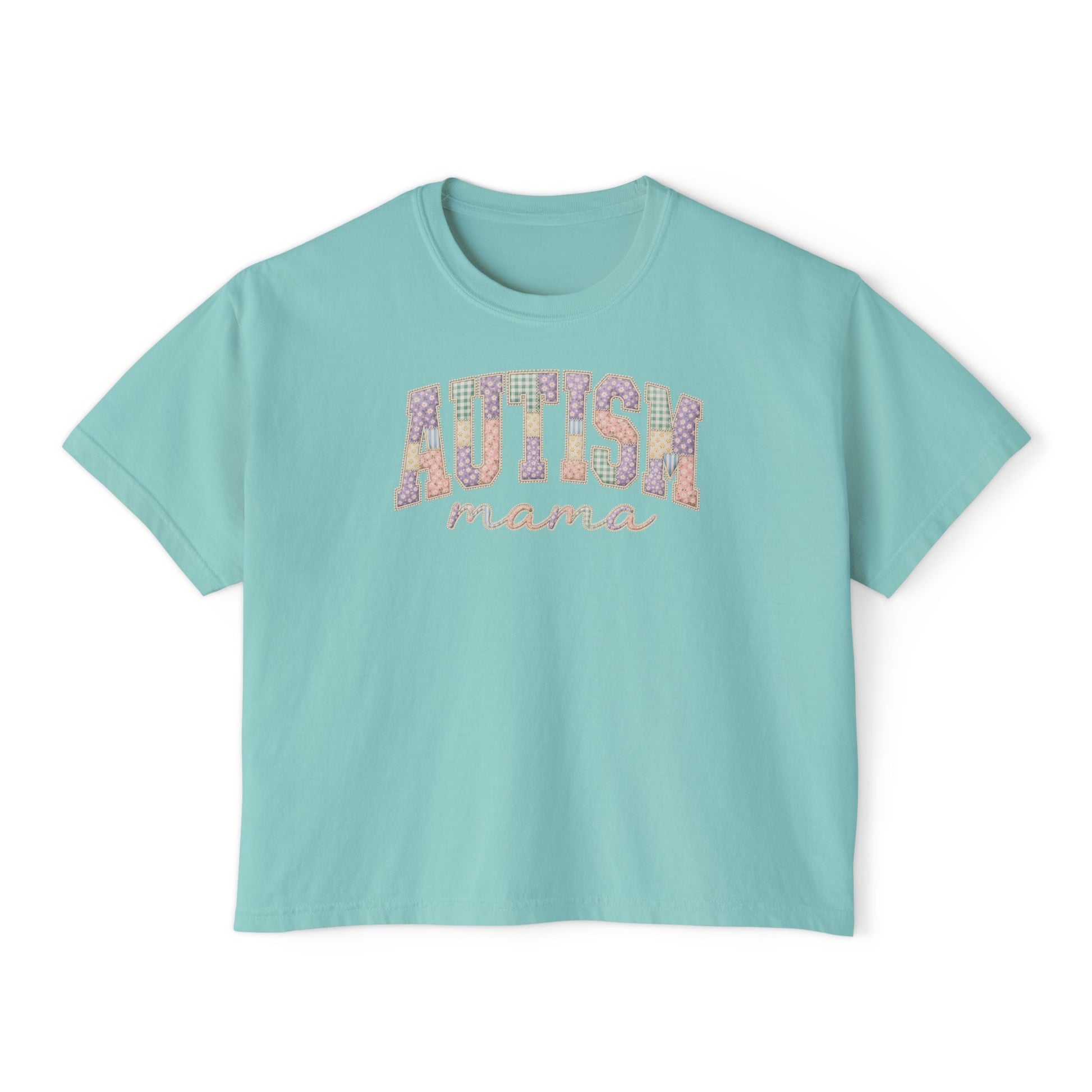 Autism Mama Boxy Tee — Pastel Patchwork Lettering T‑Shirt image