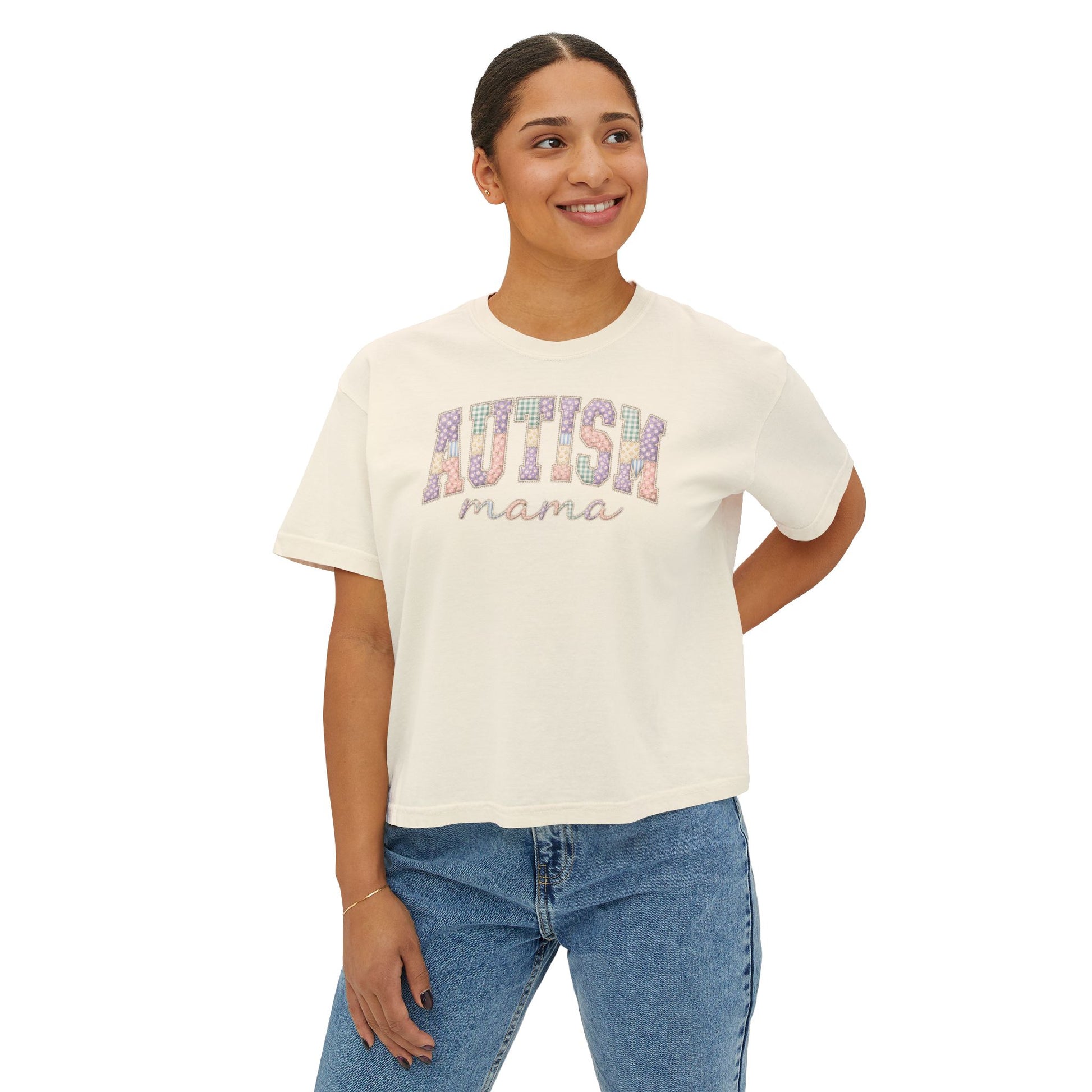 Autism Mama Boxy Tee — Pastel Patchwork Lettering T‑Shirt image 5