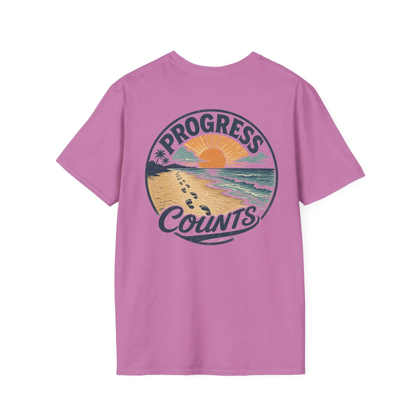 Progress Counts T-Shirt — Vintage Coastal Footprints Sunset