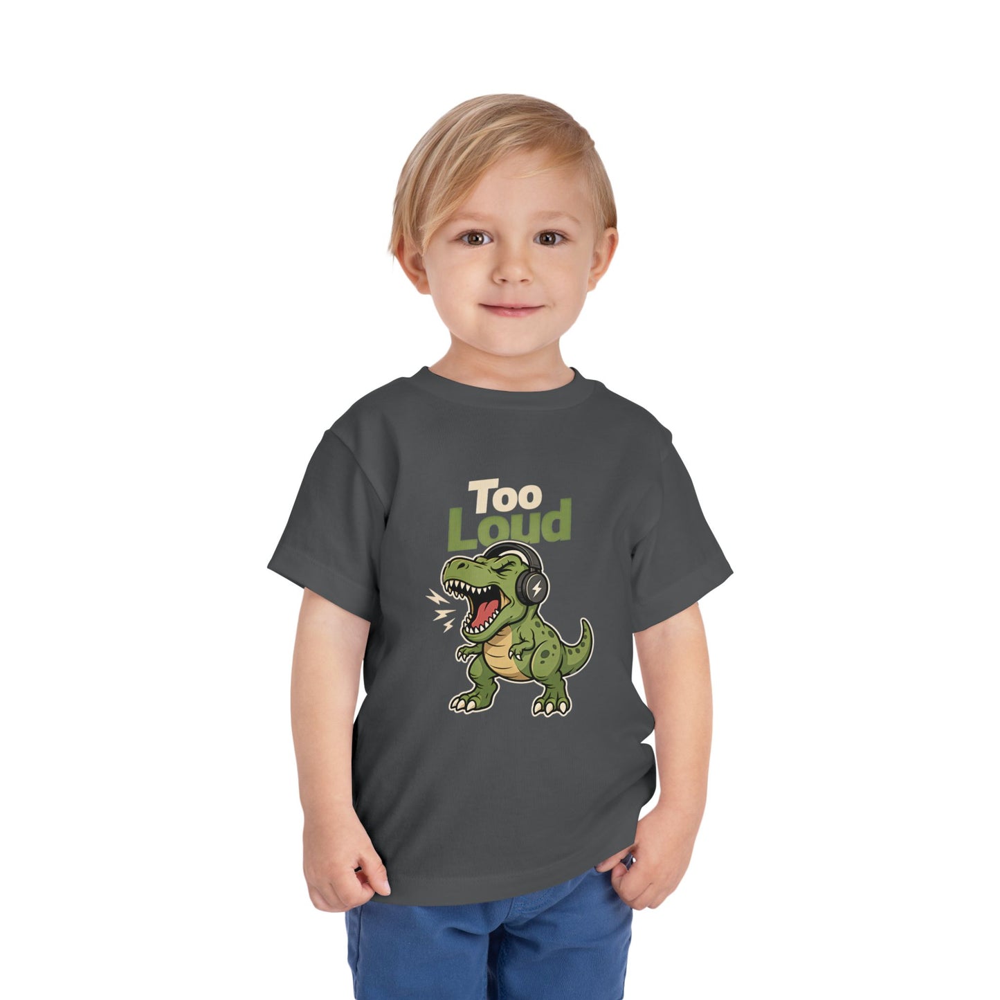 Toddler Tee — 'Too Loud' Headphone T-Rex Graphic Shirt