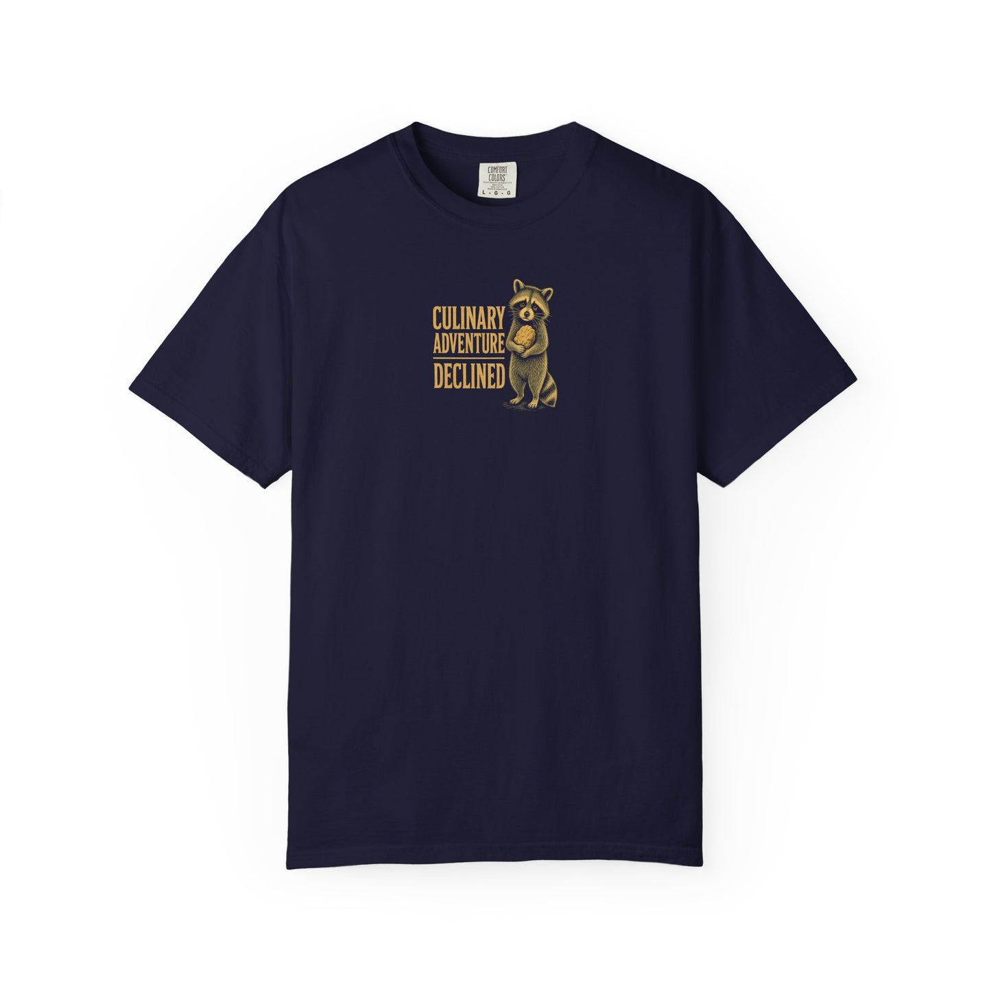 Culinary Adventure Declined T-Shirt — Food Routine Raccoon Graphic Tee