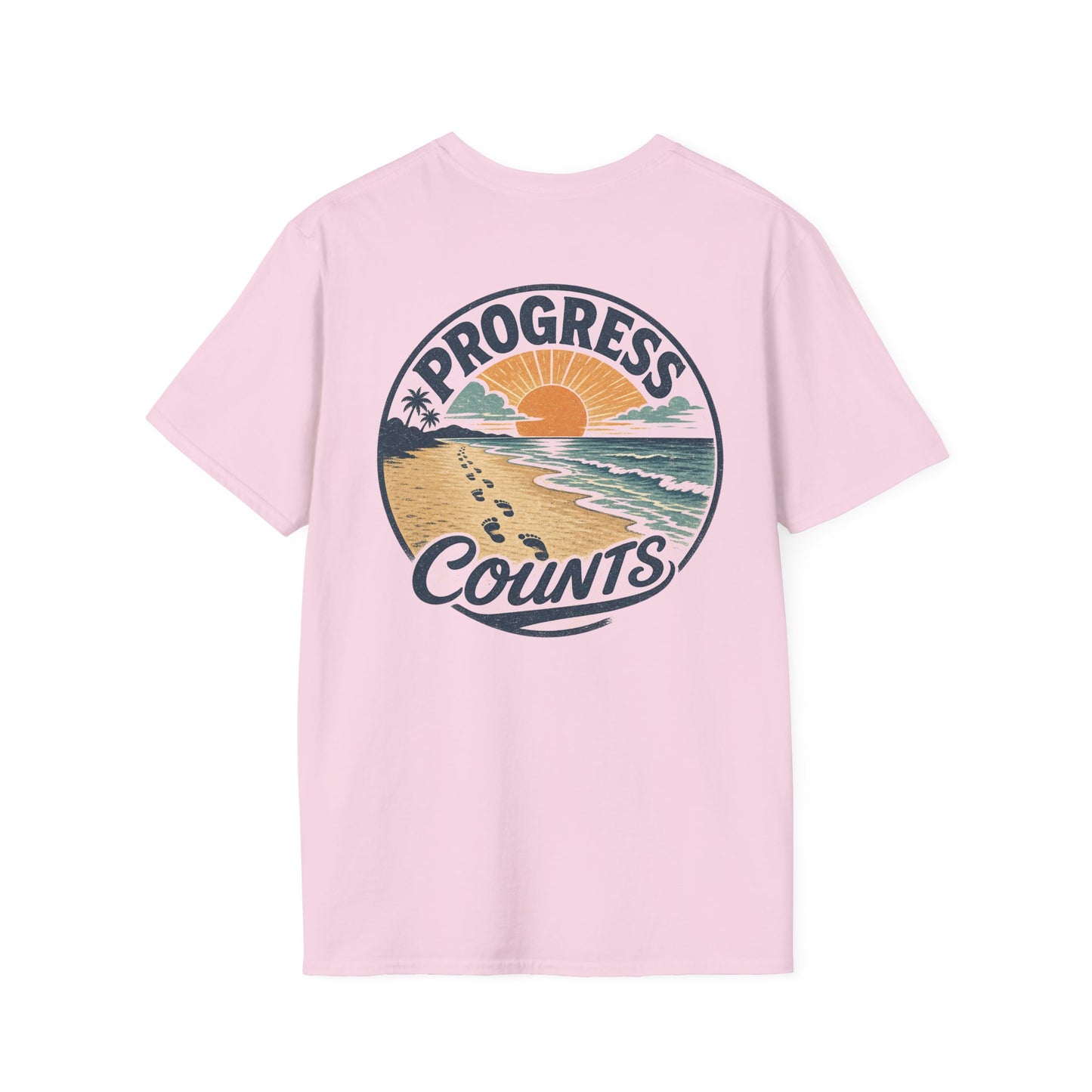 Progress Counts T-Shirt — Vintage Coastal Footprints Sunset