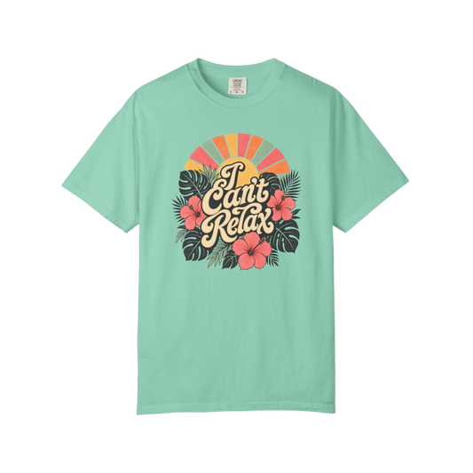 I Can't Relax Retro Floral T-Shirt — ADHD Funny Tropical Sunset Graphic Tee