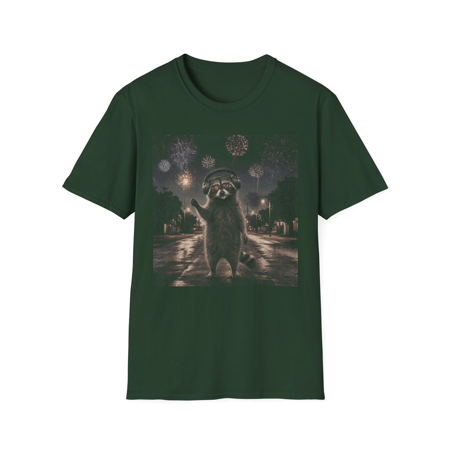 Raccoon Fireworks Tee — Night Sky Neurodivergent Auditory sensitivity Raccoon Party Animal T-Shirt