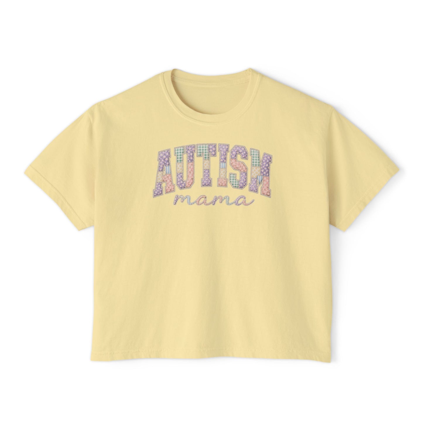 Autism Mama Boxy Tee — Pastel Patchwork Lettering T‑Shirt image