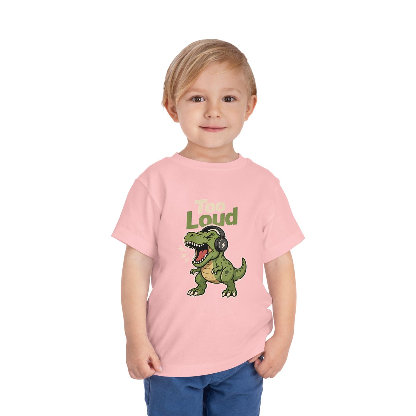 Toddler Tee — 'Too Loud' Headphone T-Rex Graphic Shirt
