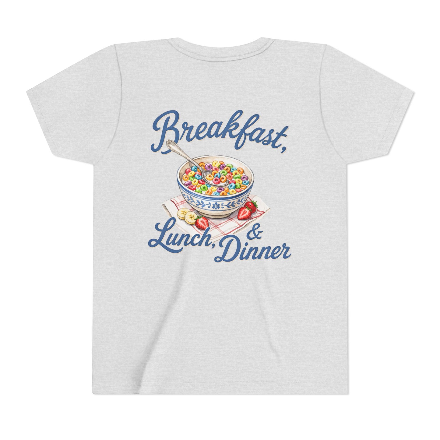 “Breakfast, Lunch & Dinner” Cereal Bowl Kids Youth Tee - Shirt BACK PRINT