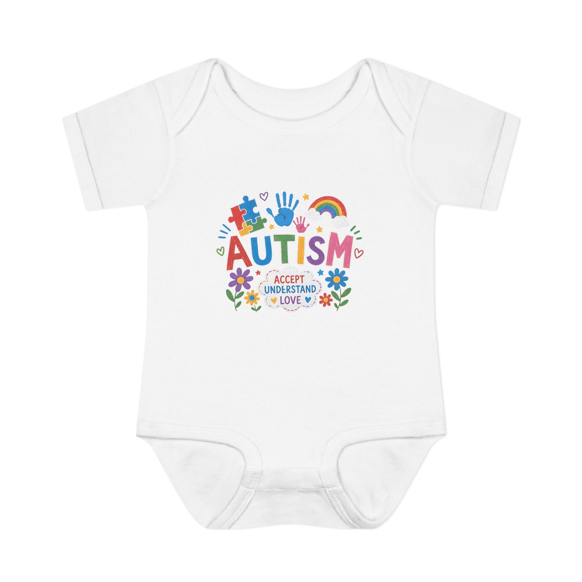 Autism Awareness Infant Bodysuit — 'Accept Understand Love' Colorful Design - NB (0-3M), White image