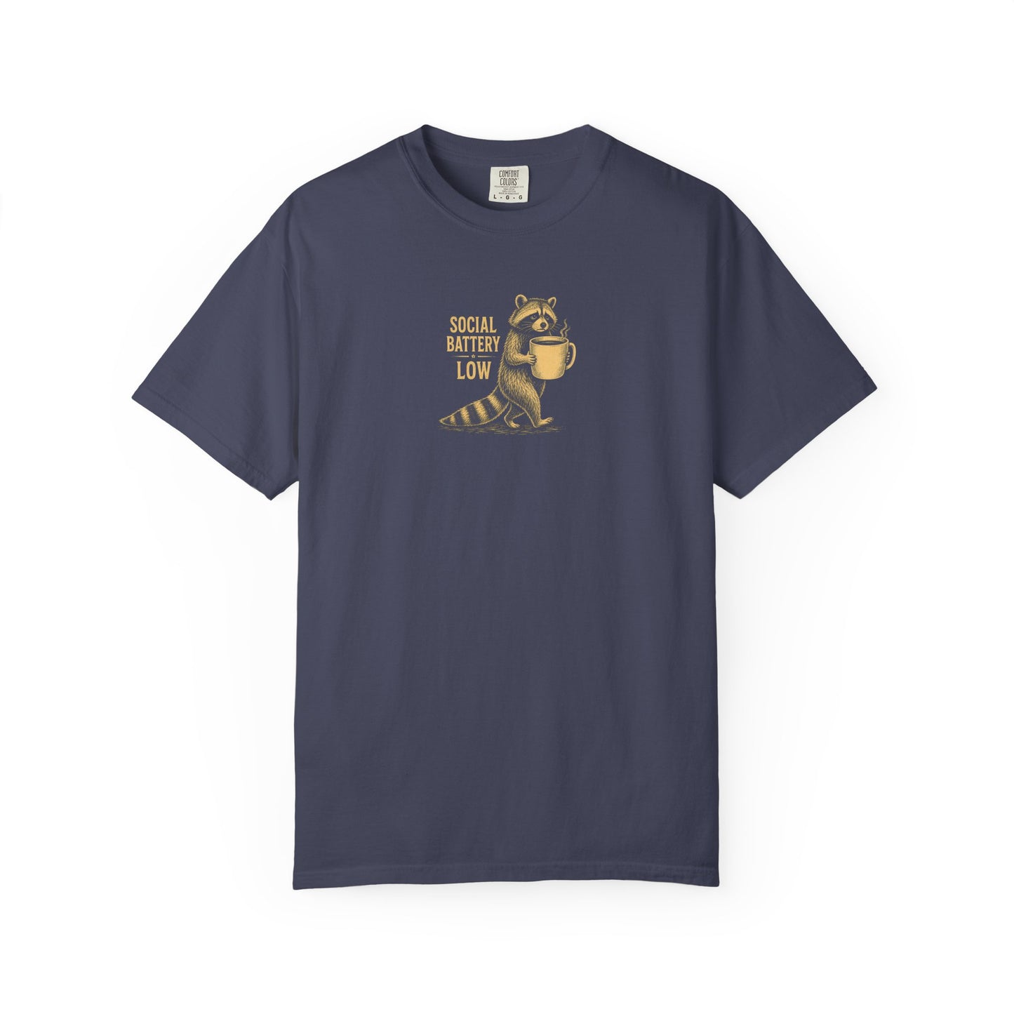 "Social Battery Low" Raccoon Coffee Graphic Tee