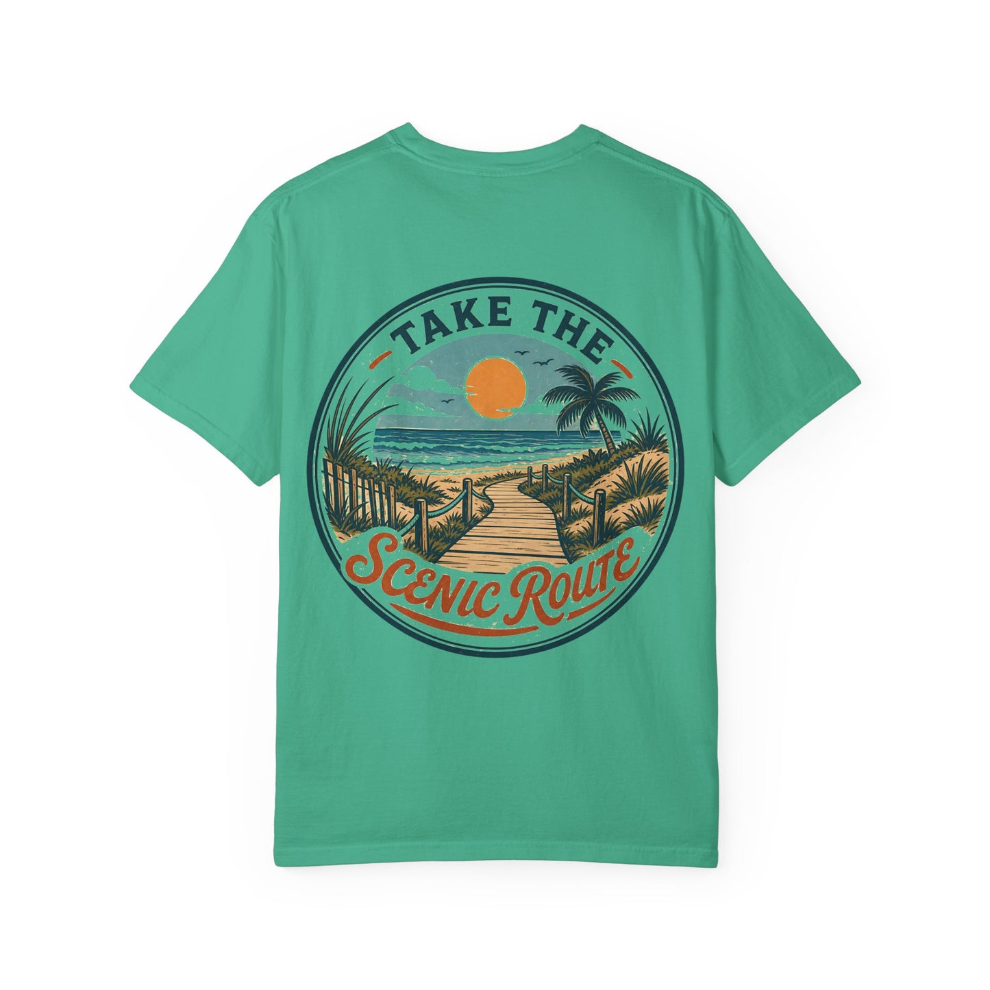 Scenic Route Beach T-Shirt — "Take the Scenic Route" Sunset Boardwalk Tee