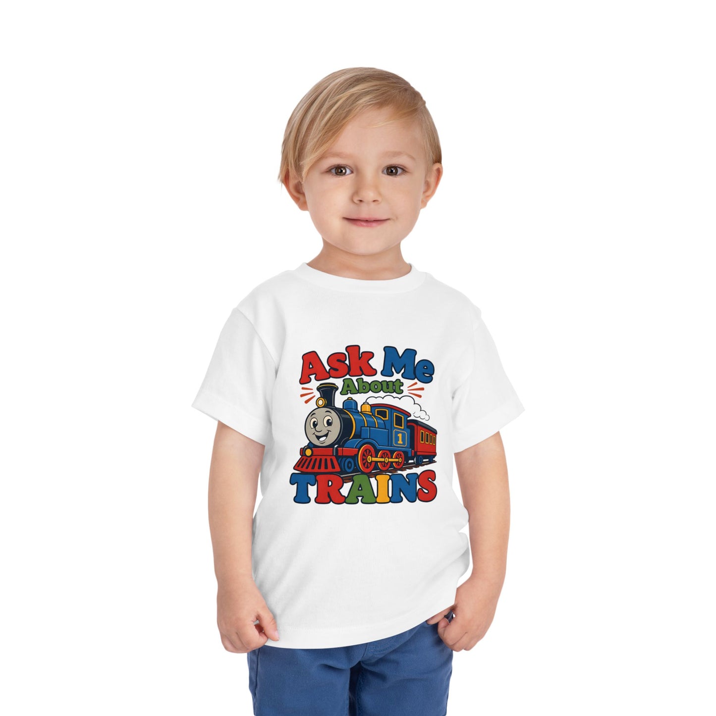 Toddler Tee — "Ask Me About Trains" Cute Kids Train Graphic Shirt image 4