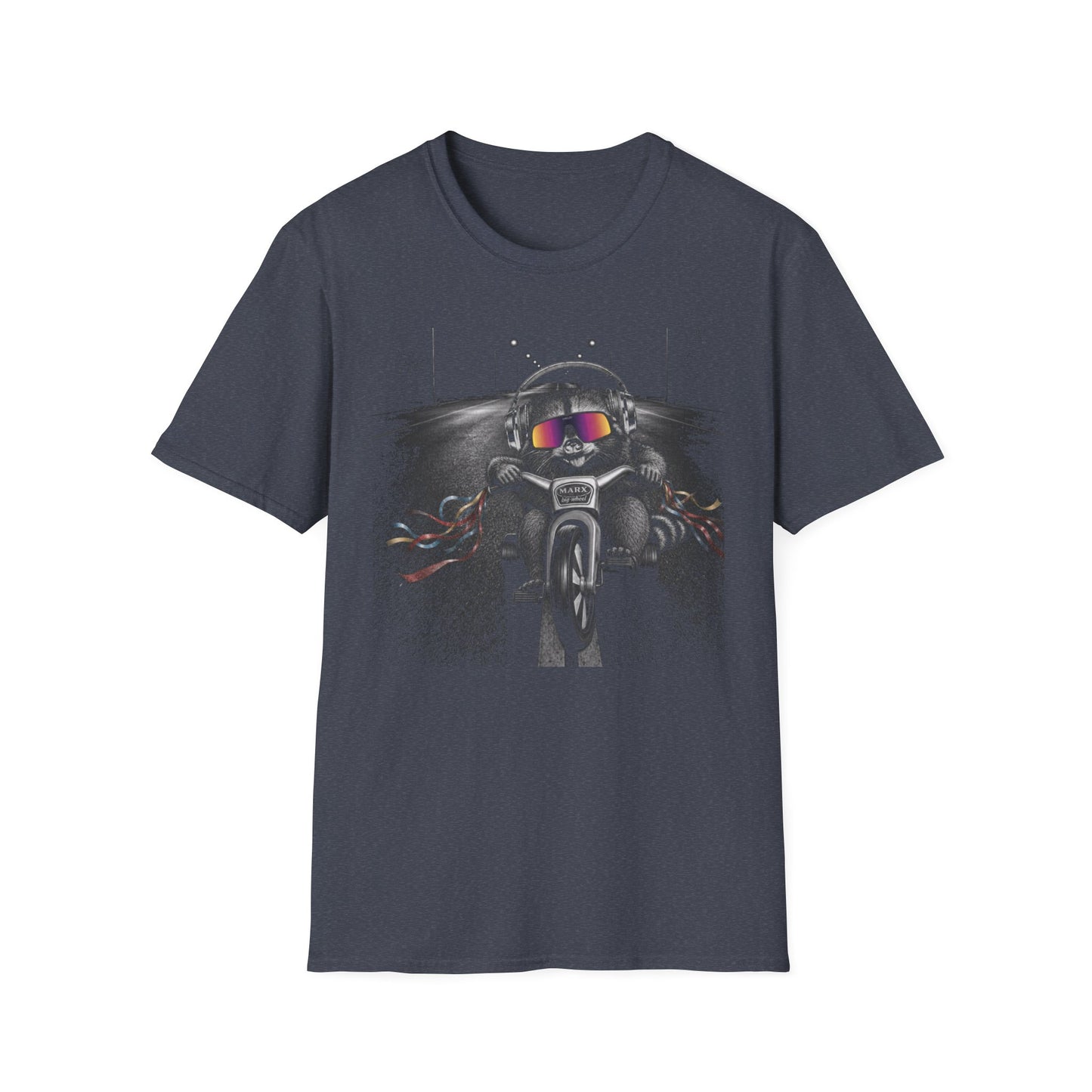 Marx Big Wheel Active Noise Canceling (ANC) headphones and Oakleys Raccoon Graphic T-Shirt — Retro Biker Tee