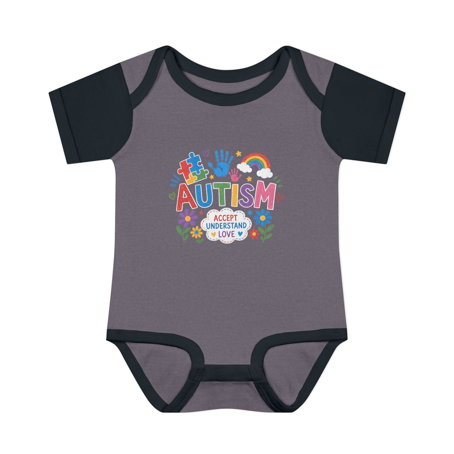 Autism Awareness Infant Bodysuit — 'Accept Understand Love' Colorful Design - 12M, Granite Heather/Black image