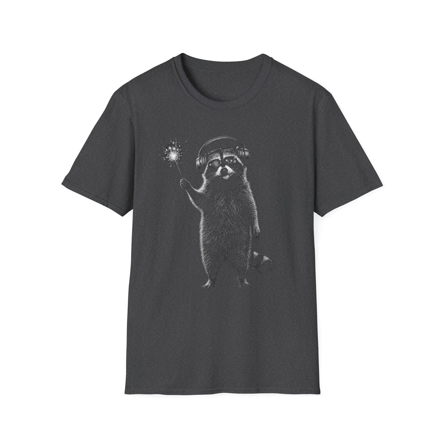 Raccoon with July 4th Sparkler Graphic T-Shirt — Cute Active Noise Canceling (ANC) headphones Raccoon Tee