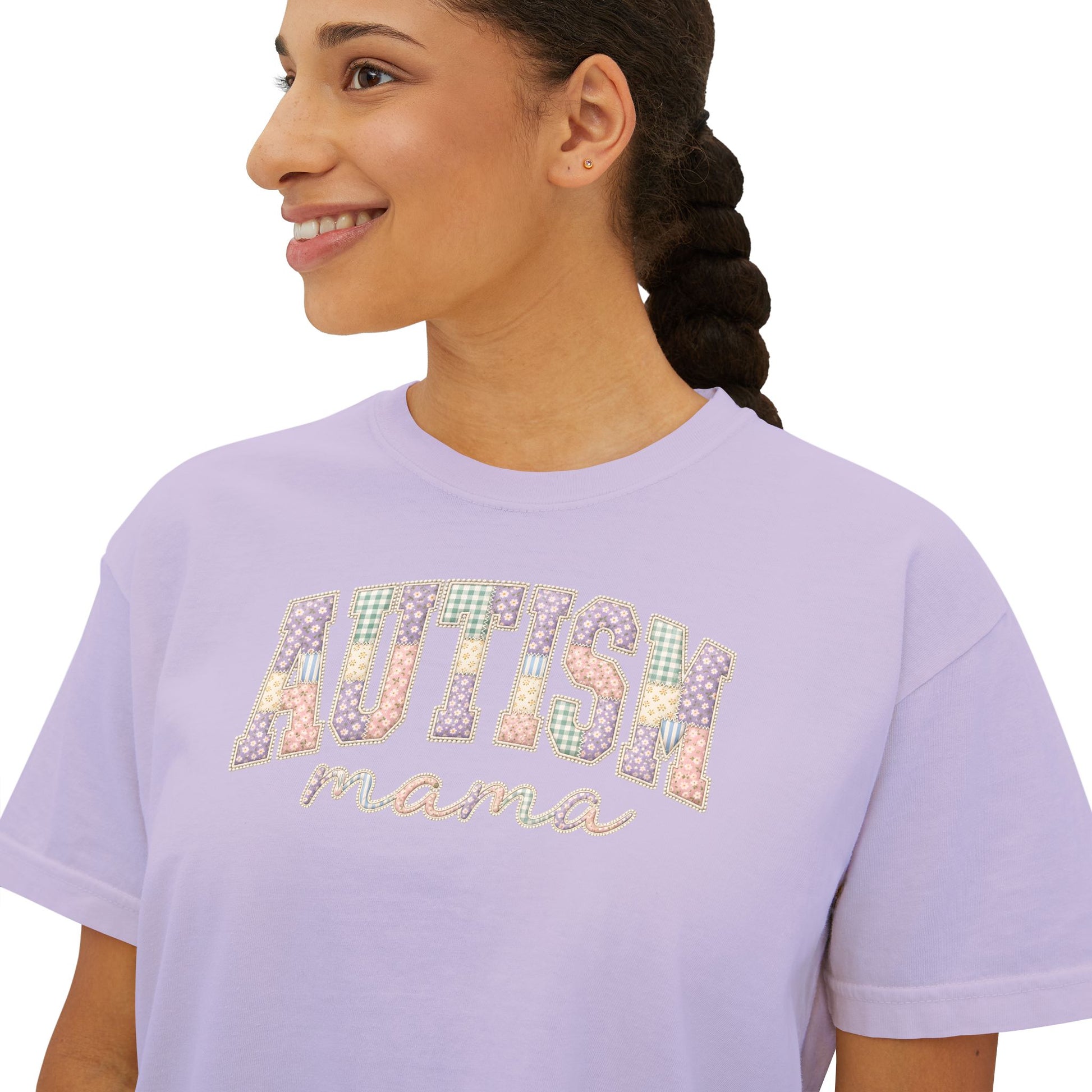 Autism Mama Boxy Tee — Pastel Patchwork Lettering T‑Shirt image 16