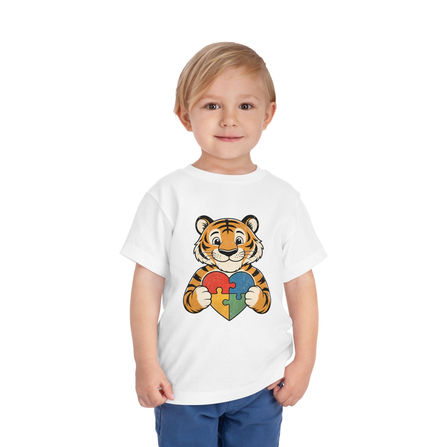 Toddler Tee — Cute Tiger Holding Autism Puzzle Heart image 2