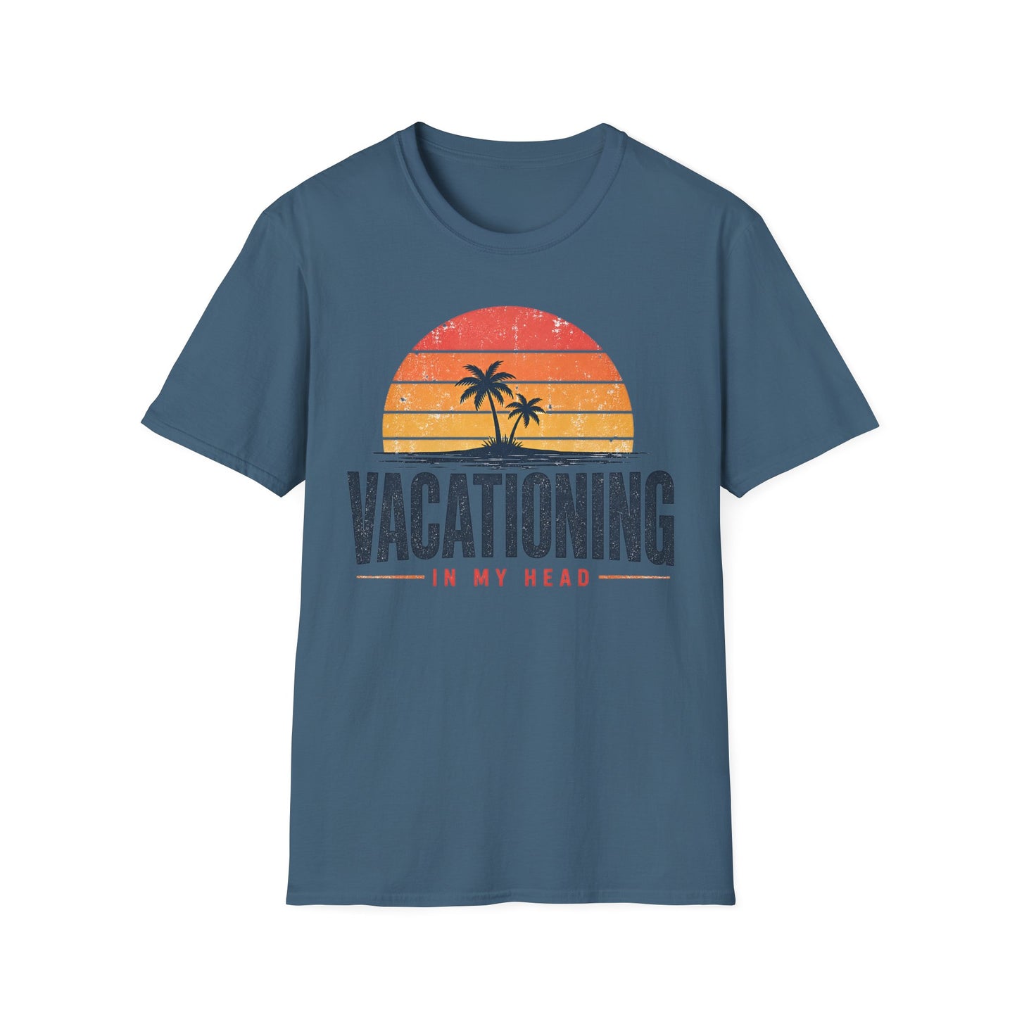 Vacationing T-Shirt — Retro Palm Sunset "Vacationing in My Head" Tee
