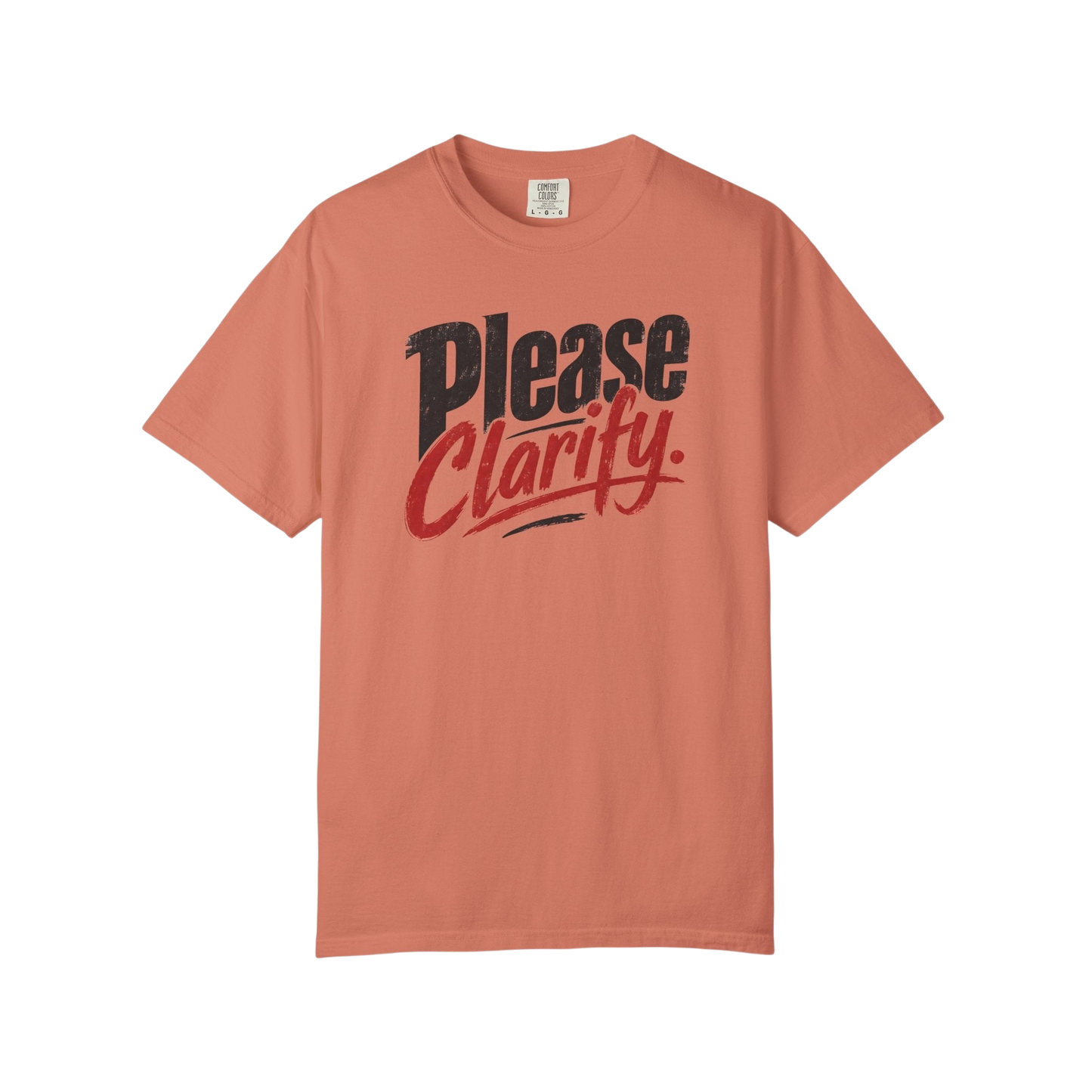 Please Clarify T-Shirt — Retro Script Graphic Tee for Conversational Humor