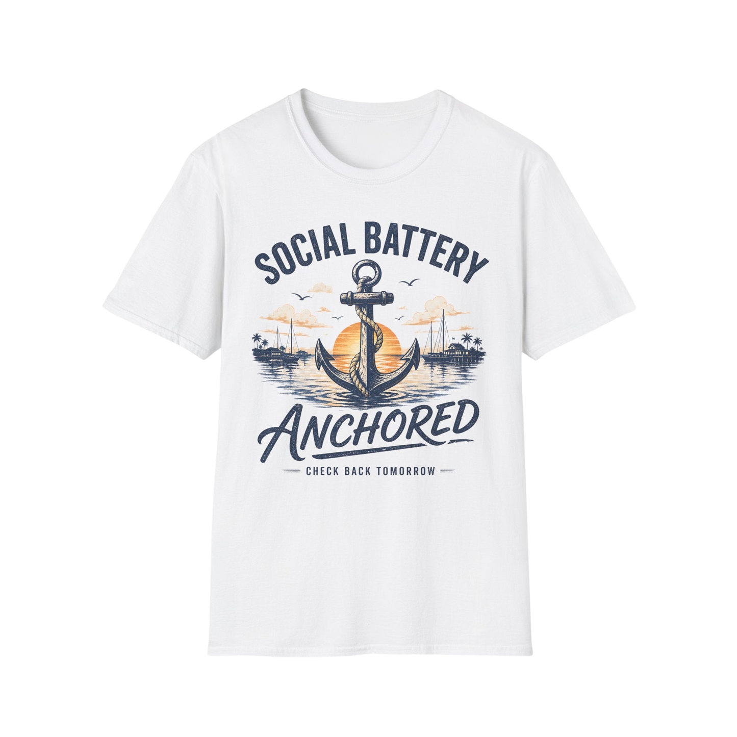 Social Battery Anchored T‑Shirt — Nautical Anchor Retro Sunset Tee