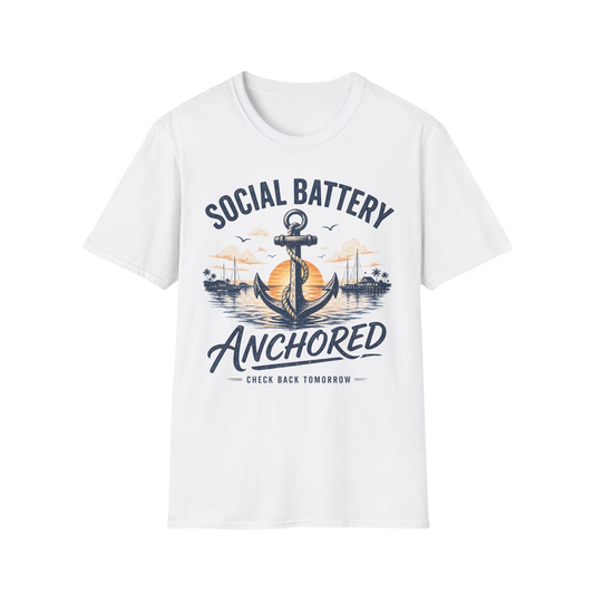 Social Battery Anchored T‑Shirt — Nautical Anchor Retro Sunset Tee