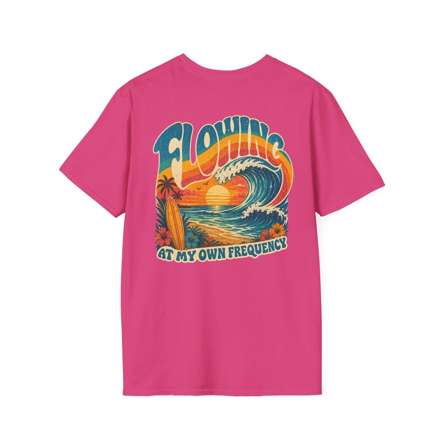 "Flowing At My Own Frequency" Groovy 70s Surfboard Beach Sunset Graphic T-Shirt