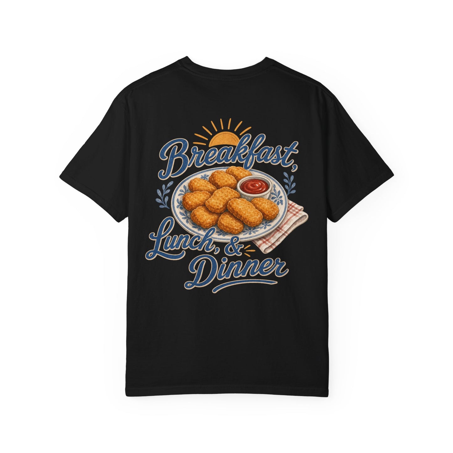 Chicken Nugget T-Shirt — “Breakfast, Lunch & Dinner” Retro Food Graphic Tee Adult BACK PRINT
